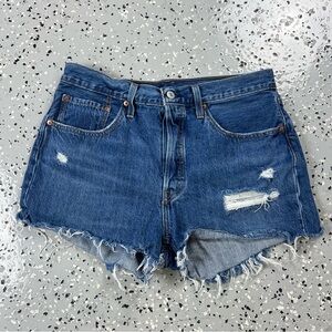 Levi's 501 Dark Blue Distressed Jean Shorts